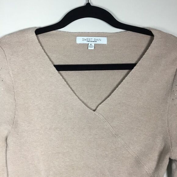 Blush pink taupe knit sweater with rhinestones and embroidery sleeve v neck XL - Picture 2 of 10